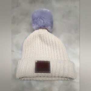 Love your Melon- Winter White Knit Beanie with Purple  Pompom